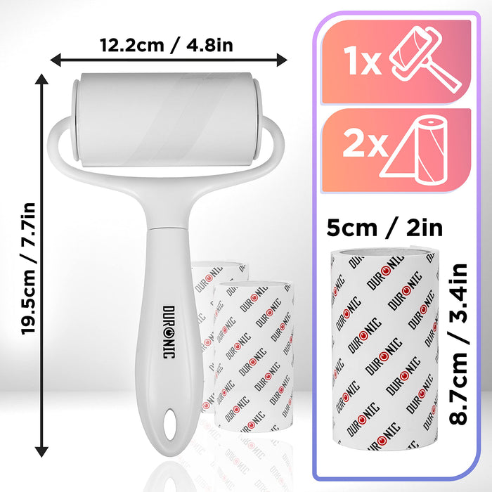 Duronic Lint Roller with white handle, two replacement refills, and detailed product dimension measurements.