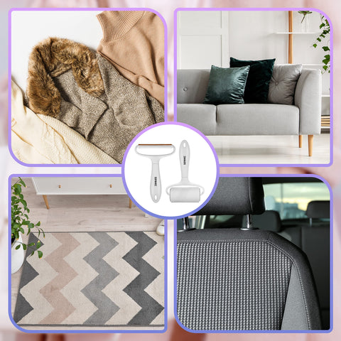 Duronic Lint Shaver and Lint Roller shown used on clothing, sofas, rugs, and car seats.