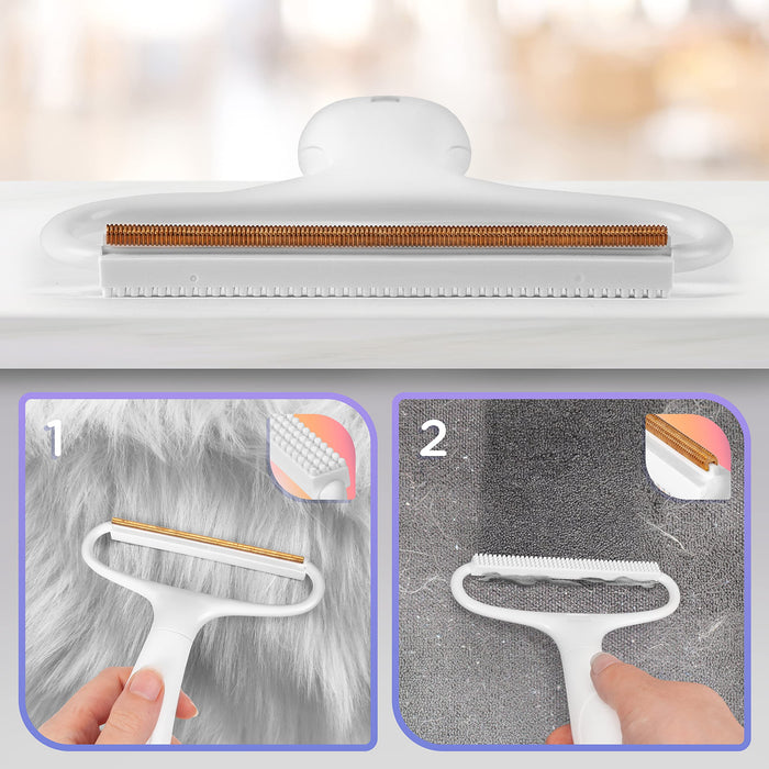Duronic Lint Shaver showing metal and silicone heads for cleaning different fabric types.