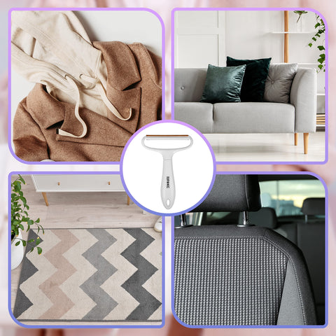 Duronic Lint Shaver shown used on clothing, sofas, rugs, and car seats.