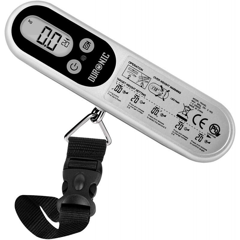 Duronic Luggage Scales Silver with LCD screen, hanging hook, and black buckle strap.