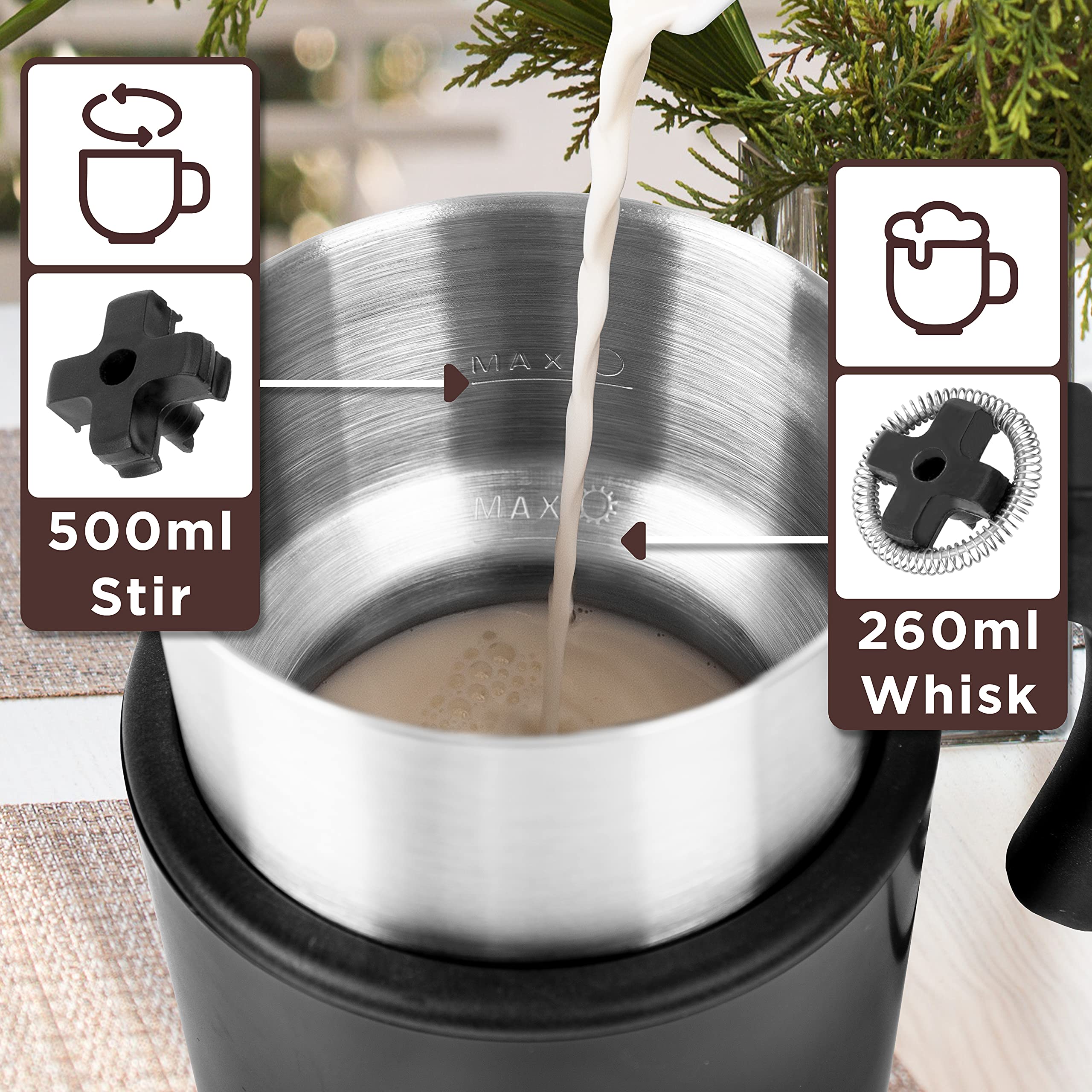 Duronic MF500 BK electric milk frother with 2 magnetic stirrers included, for either hot or cold foam/milk