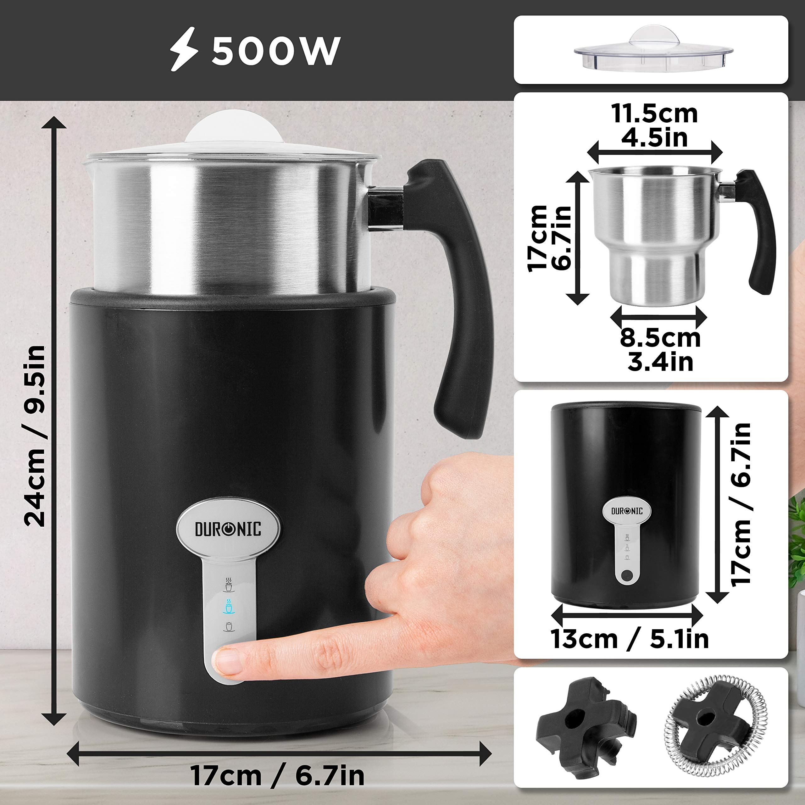 Duronic MF500 BK electric milk steamer with dimensions and 2 magnetic stirrers included, 500W wattage