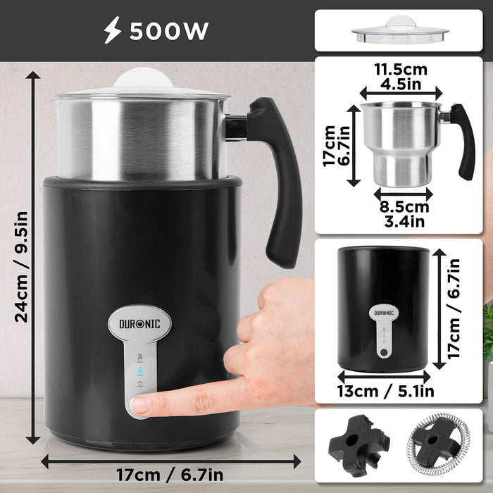 Duronic MF500 BK electric milk steamer with dimensions and 2 magnetic stirrers included, 500W wattage
