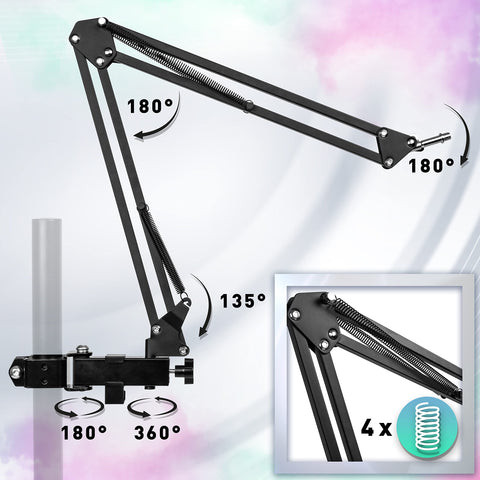 Duronic Microphone Desktop Arm with Three-panel product graphic showing various microphones