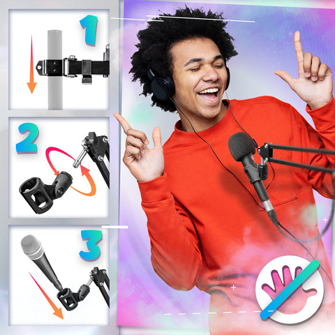 Duronic Microphone Desktop Arm with Three-step assembly guide showing how to attach a microphone clip and mic to a boom arm.