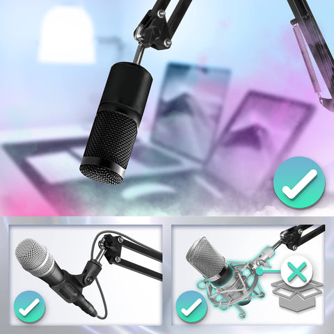 Duronic Microphone Desktop Arm with an adjustable black desk boom arm stand.