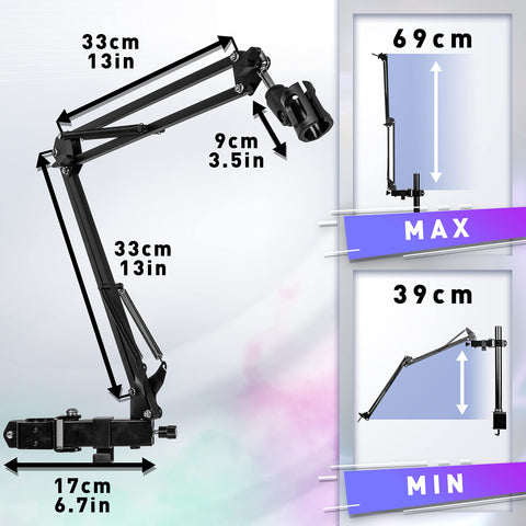 Duronic Microphone Desktop Arm with detailed measurements in centimeters and inches for desk mounting.