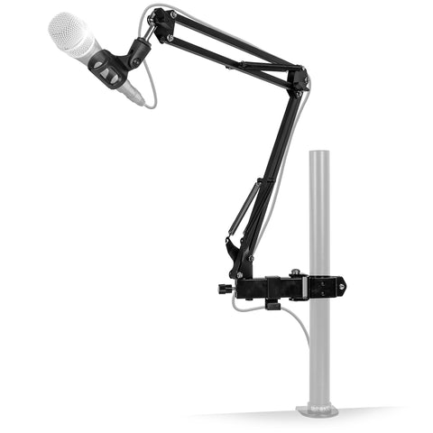 Duronic Microphone Desktop Arm with white microphone mounted on a silver desk-clamped support pole.