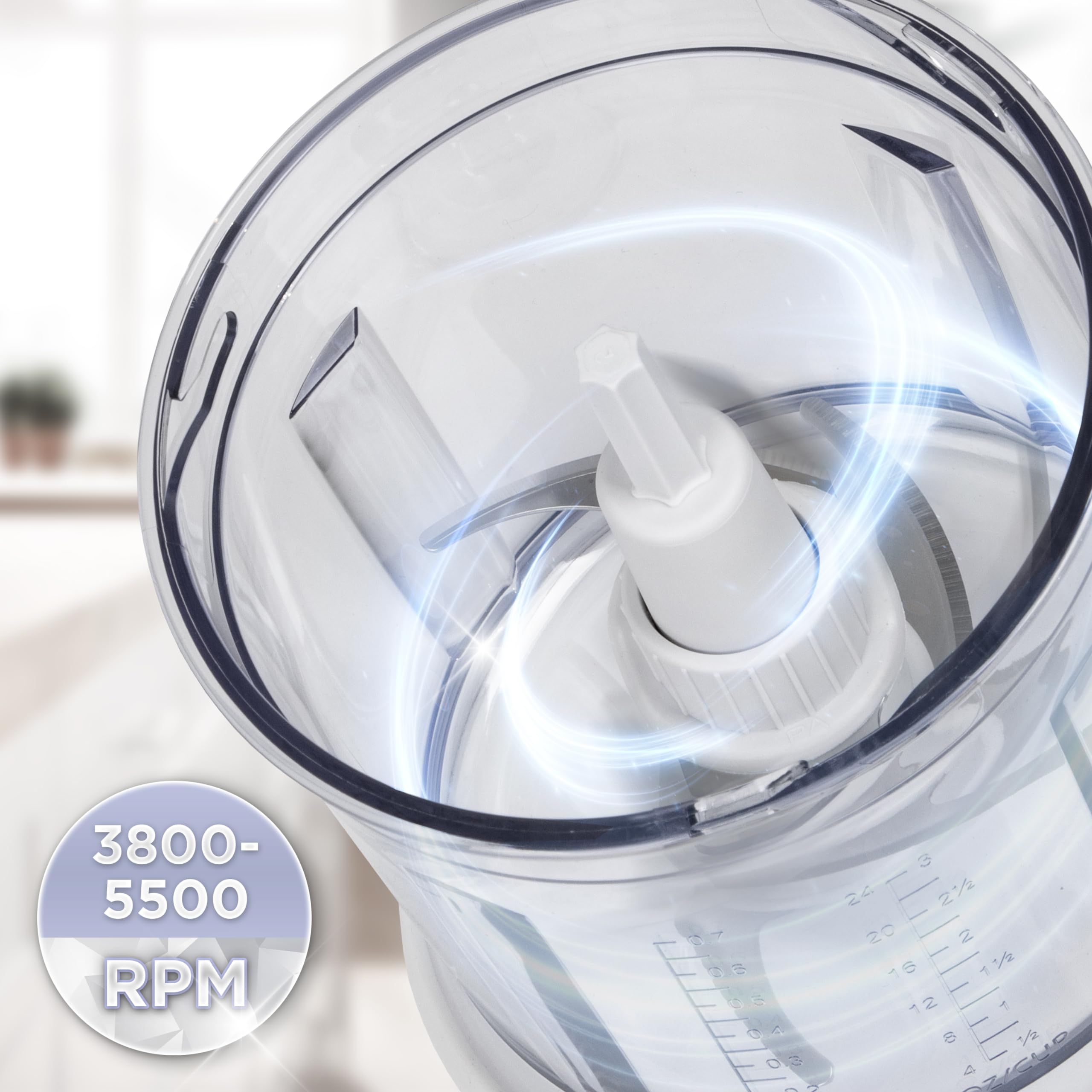 Duronic Mini Chopper featuring sharp stainless steel blades and a graphic highlighting a powerful 3800-5500 RPM motor.