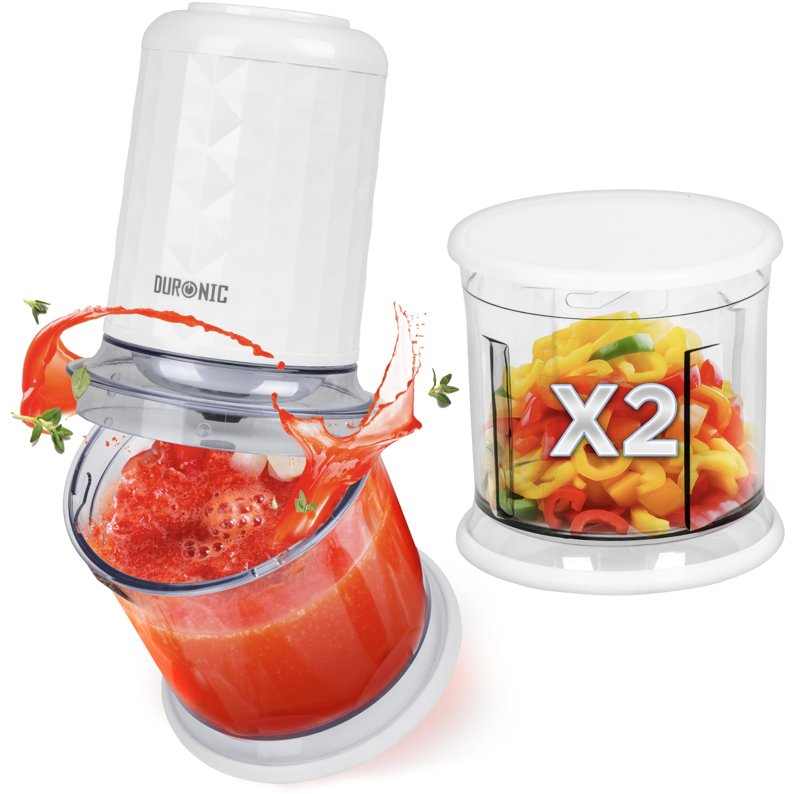 Duronic Mini Chopper featuring two interchangeable bowls filled with blended tomato sauce and chopped bell peppers.