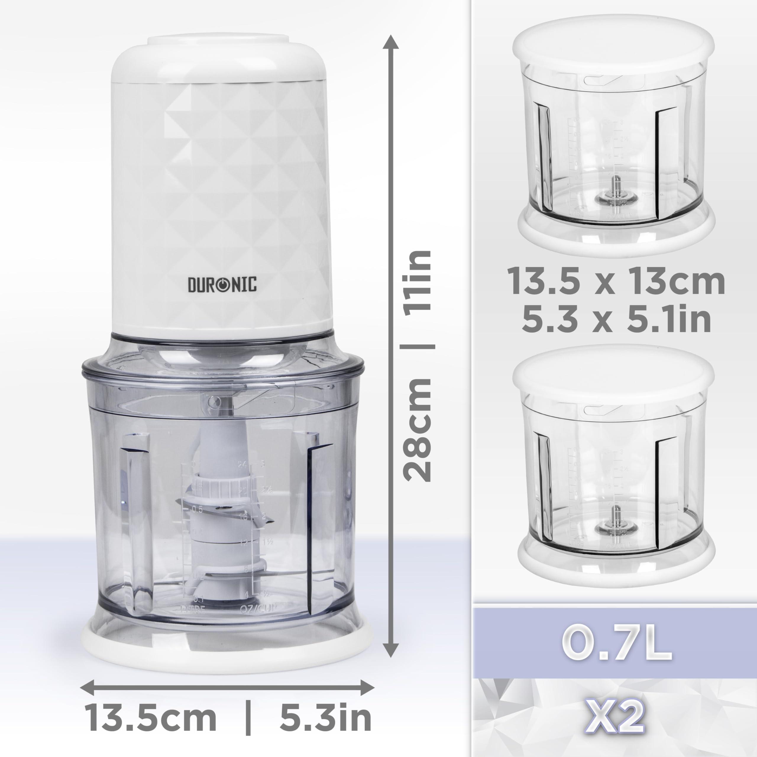 Duronic Mini Chopper with product dimension. 