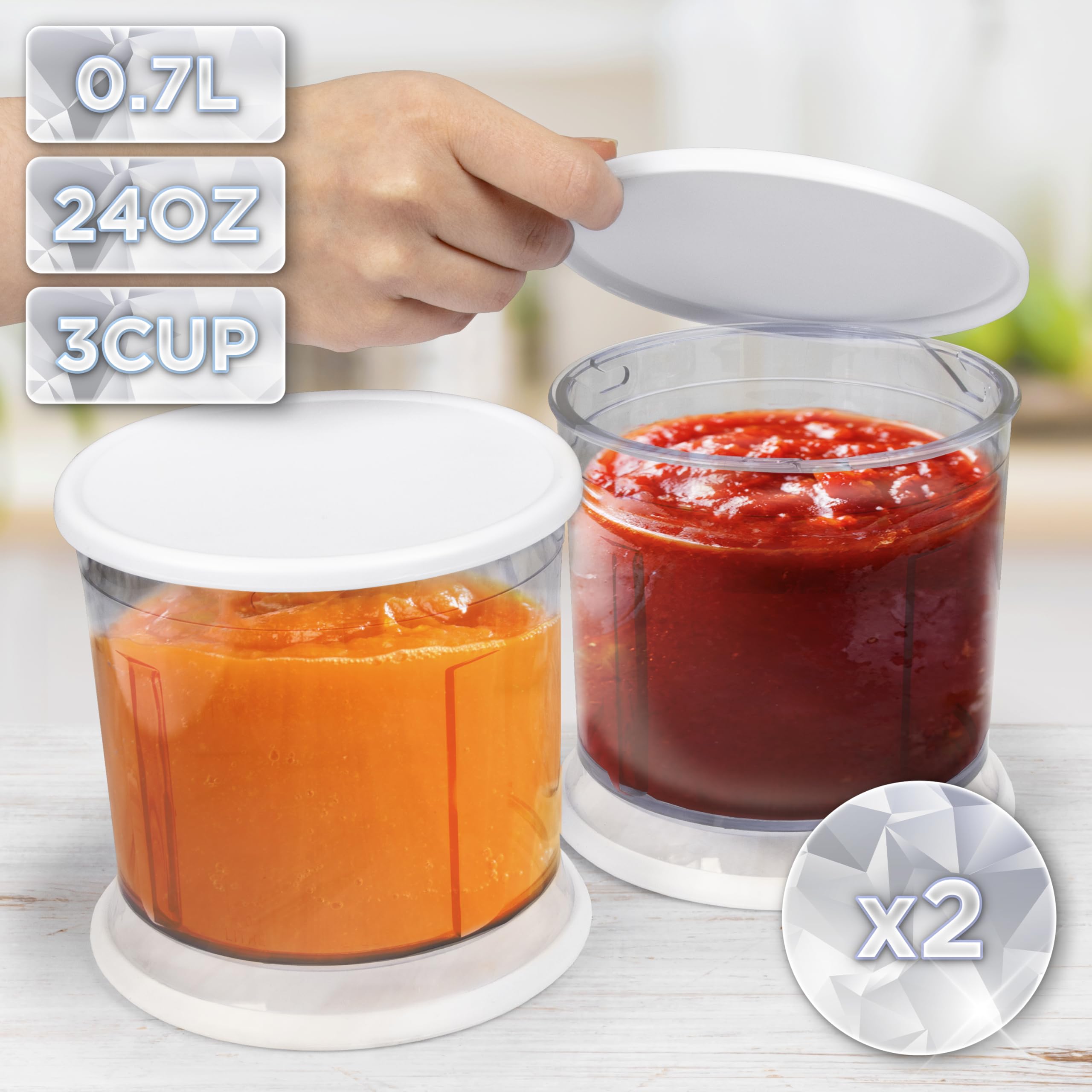 Duronic Mini Chopper with white lids, filled with orange and red purees, shown in a set of two.