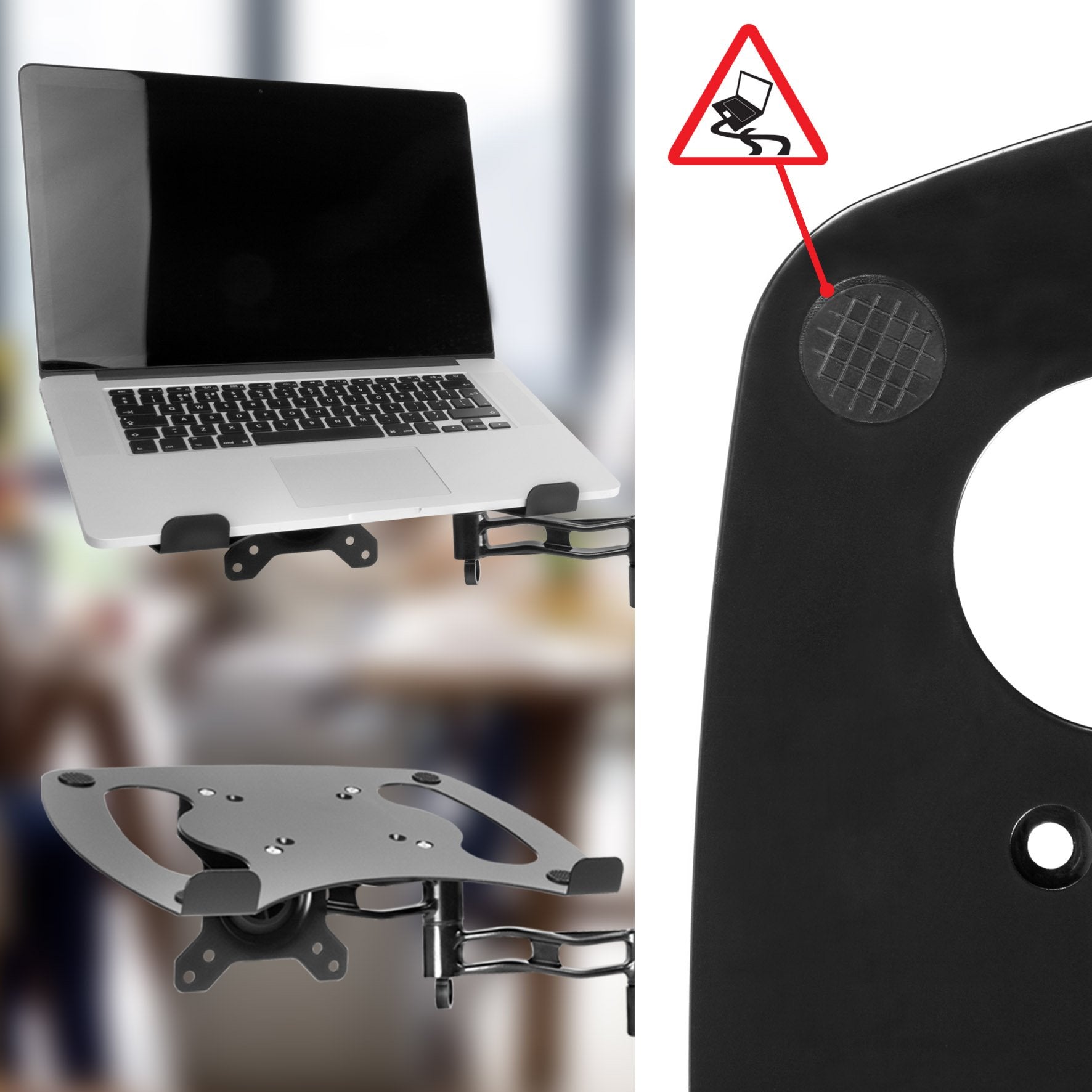 Duronic Monitor Arm Laptop Attachment with rubber pads and bottom hooks holding a laptop on an arm.