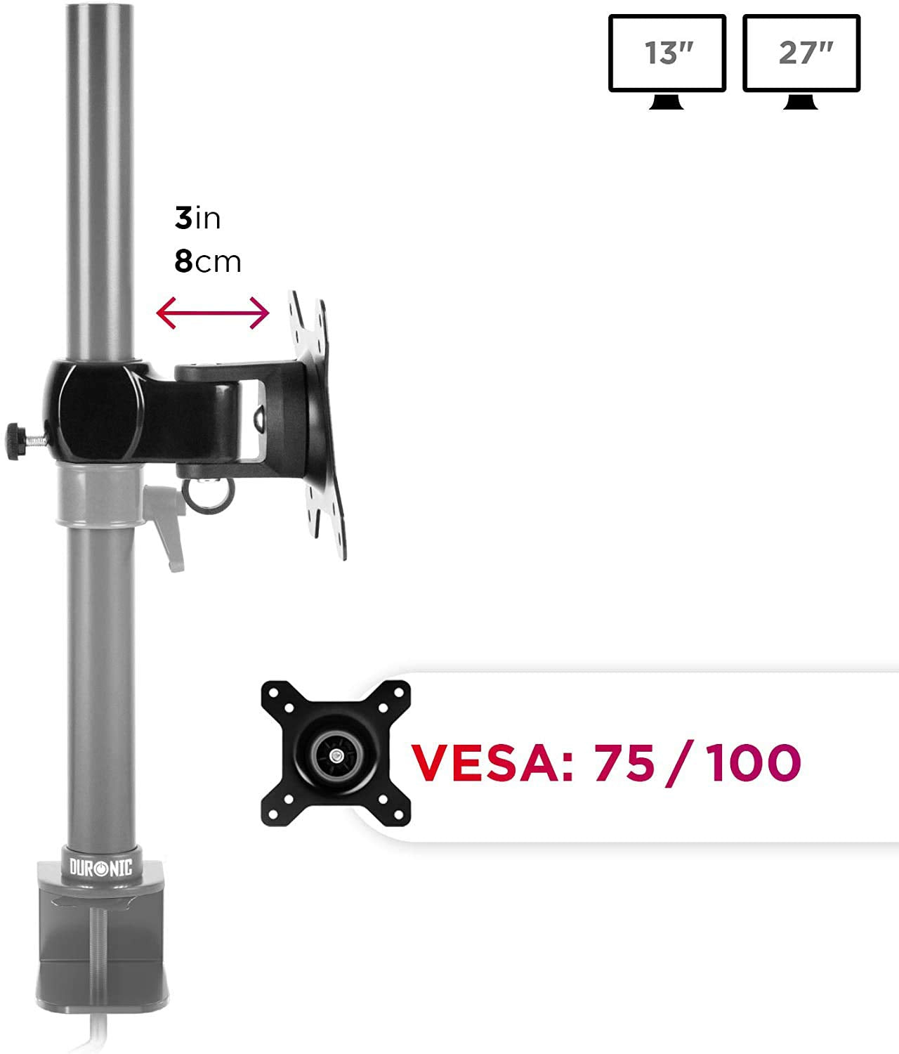 Duronic Monitor Arm Stand VESA Head with 3-inch extension, supporting 13 to 27-inch VESA screens.