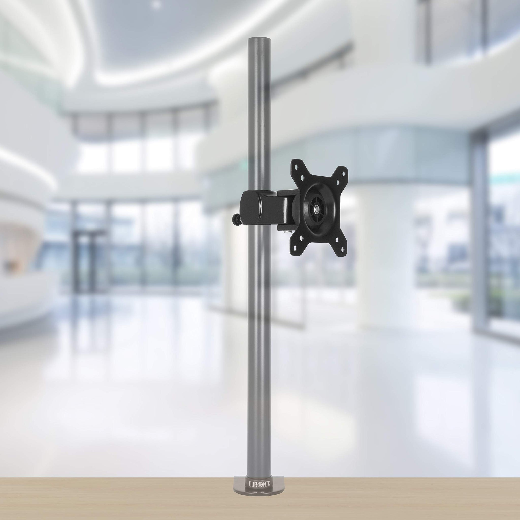 Duronic Monitor Arm Stand VESA Head with an adjustable bracket attached to a tall metal pole.