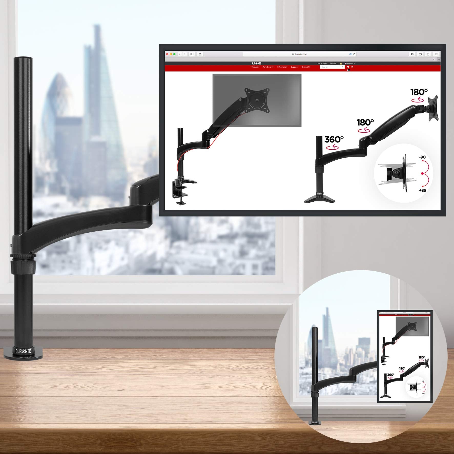 Duronic Monitor Arm Stand attached to wooden desk displaying screen motion rotation angles.