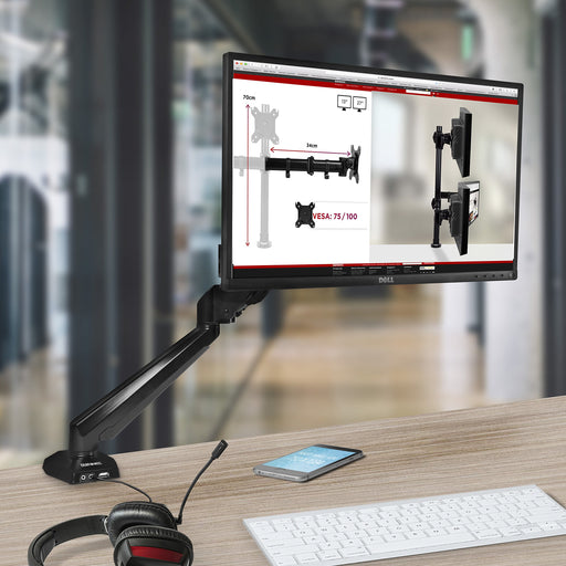 Duronic Monitor Arm Stand holding a Dell screen above a modern wooden desk.
