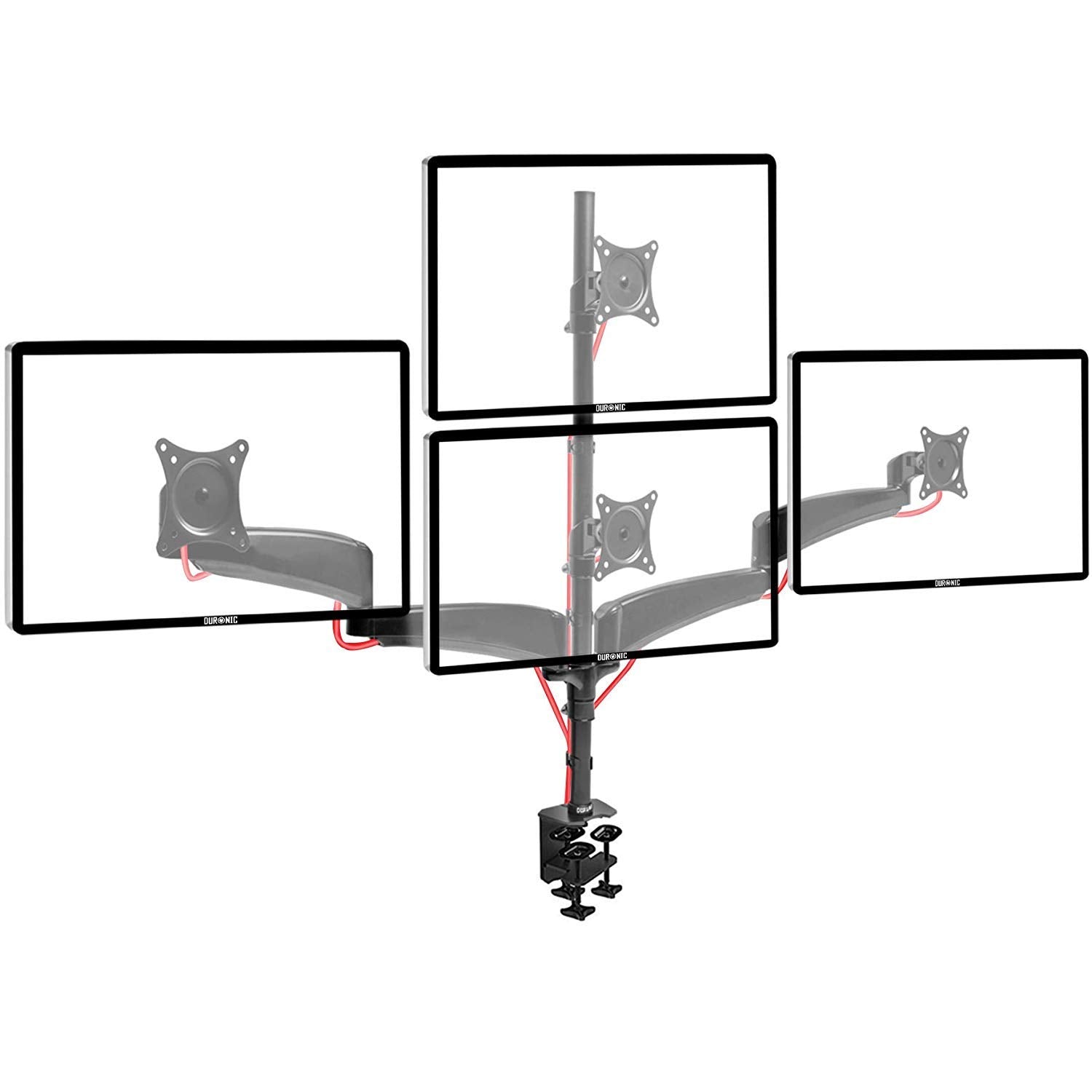 Duronic Monitor Arm Stand holding four screens in a stacked and side-by-side configuration.