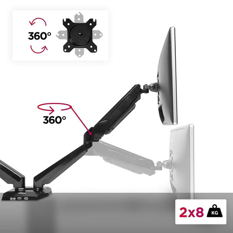 Duronic Monitor Arm Stand holding two screens with 360-degree rotation features