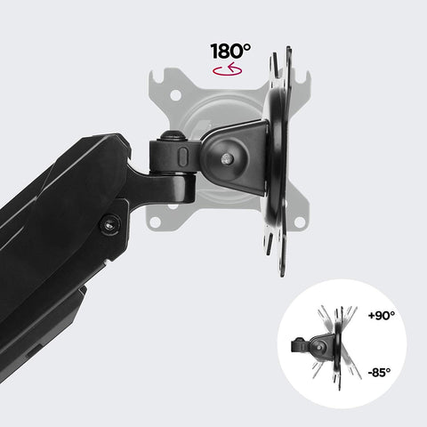 Duronic Monitor Arm Stand showing 180-degree swivel and +90 to -85-degree tilt features