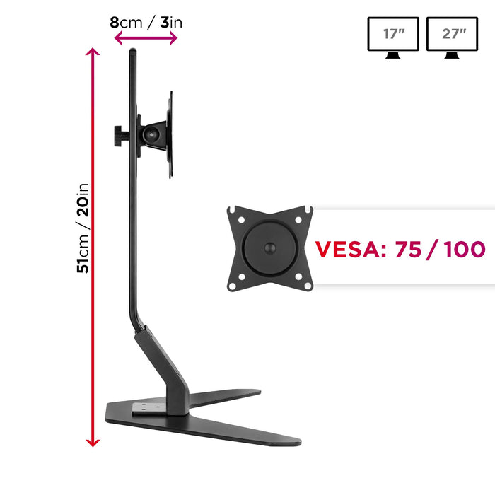 Duronic Monitor Arm Stand showing 51cm height, 8cm depth, and VESA 75/100 compatibility.