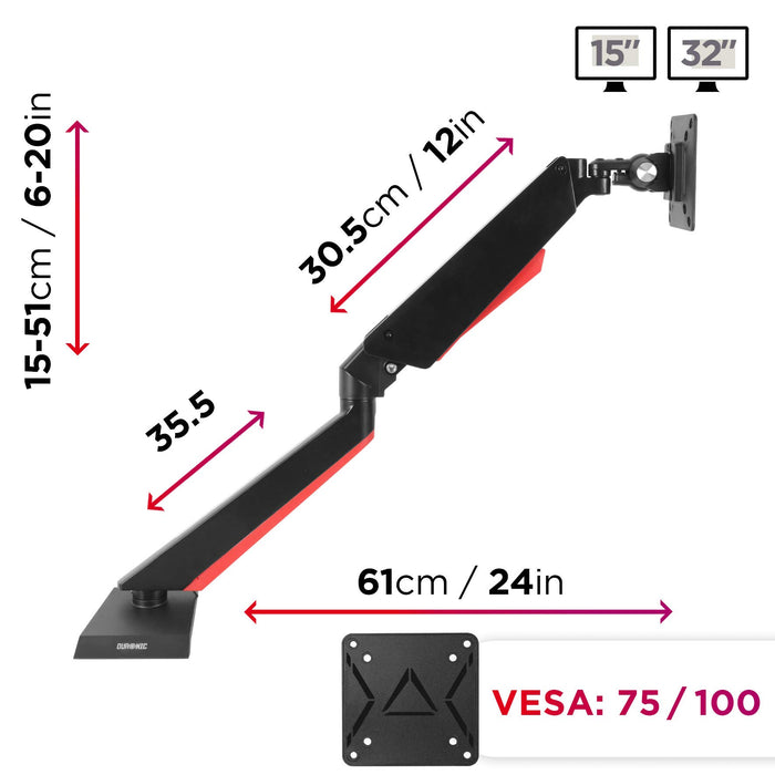 Duronic Monitor Arm Stand showing VESA compatibility and extension measurements.