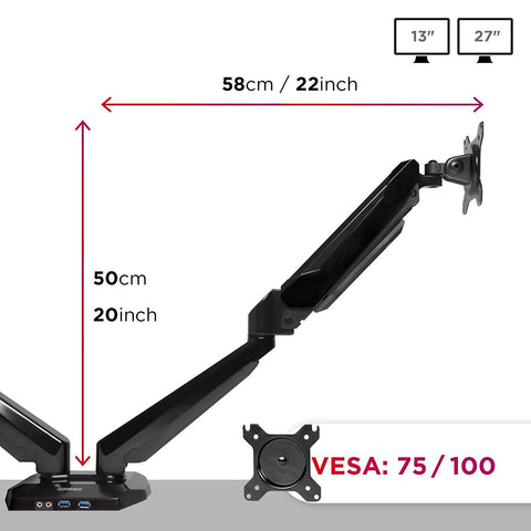 Duronic Monitor Arm Stand showing a max height of 50cm and 58cm reach.