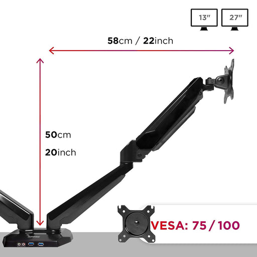 Duronic Monitor Arm Stand showing a max height of 50cm and 58cm reach.