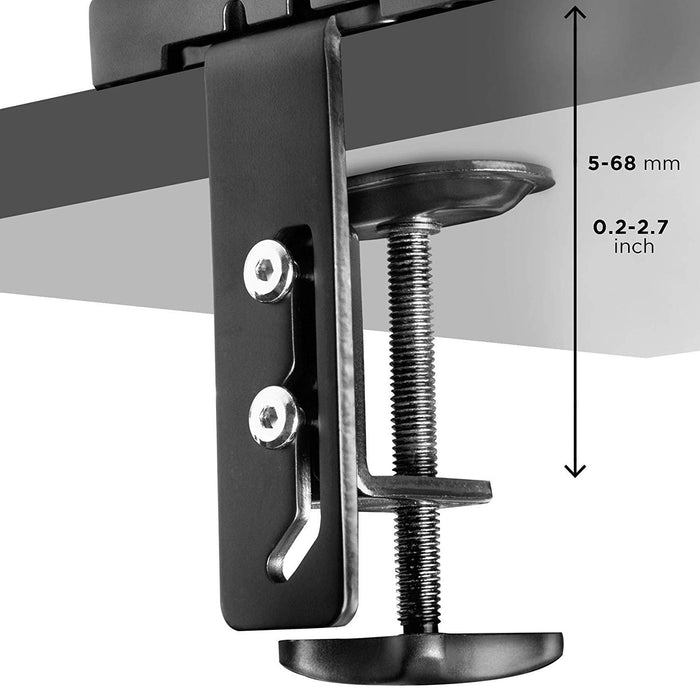 Duronic Monitor Arm Stand showing adjustable 5-68 mm thickness measurements.