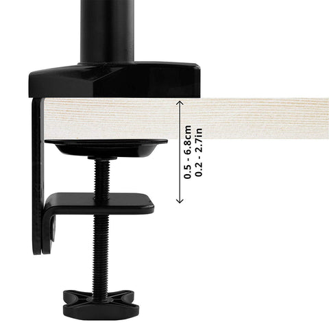 Duronic Monitor Arm Stand showing adjustable thickness range of 0.5 to 6.8cm on wood tabletop.