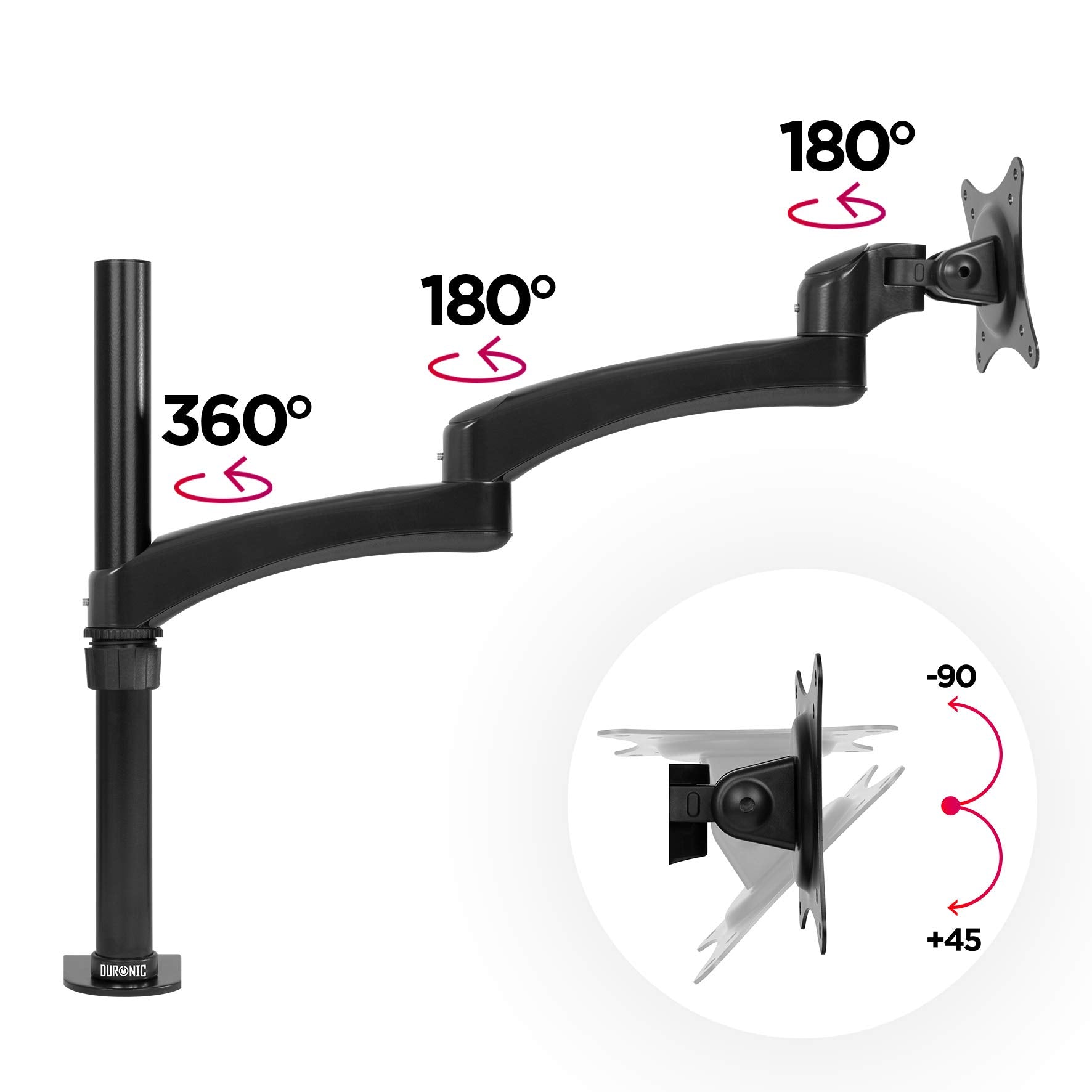 Duronic Monitor Arm Stand with articulated arm showing degree labels for multi-angle adjustment.