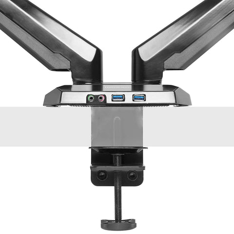 Duronic Monitor Arm Stand with built-in USB ports, audio jacks, and adjustable clamp.