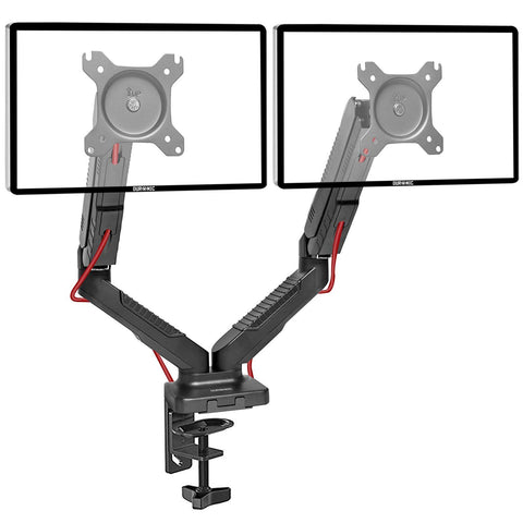 Duronic Monitor Arm Stand with built-in red cable management cords.