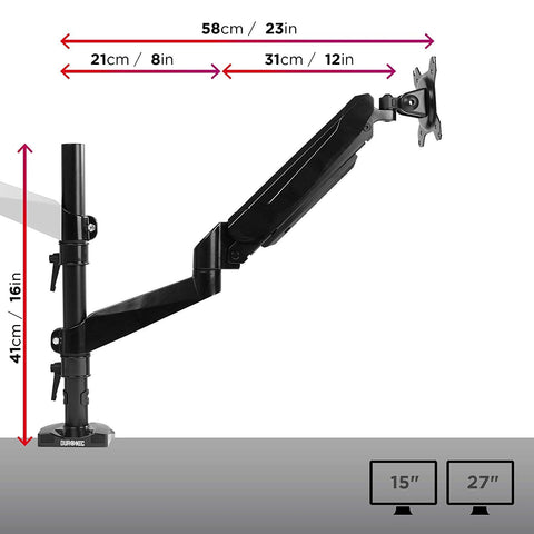 Duronic Monitor Arm Stand with height and extension dimensions in centimeters and inches.
