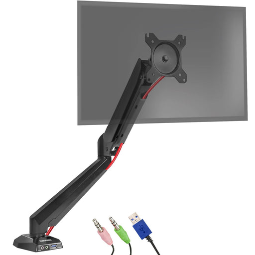 Duronic Monitor Arm Stand with integrated USB and audio ports on the base.