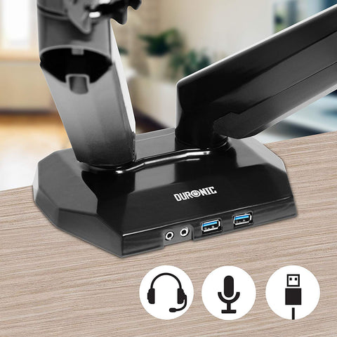 Duronic Monitor Arm Stand with integrated USB ports, headphone jack, and microphone jack inputs.