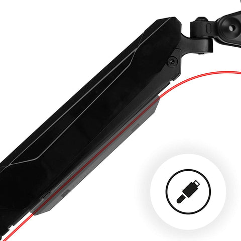 Duronic Monitor Arm Stand with integrated cable management housing a red wire.
