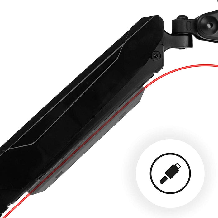 Duronic Monitor Arm Stand with integrated cable management housing a red wire.