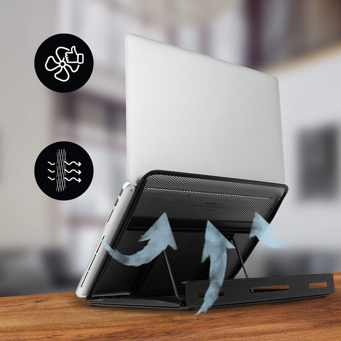 Duronic Monitor Laptop Stand on a wooden desk promoting airflow and heat dissipation.
