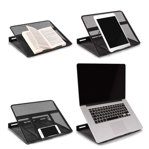 Duronic Monitor Laptop Stand shown holding a book, tablet, smartphone, and a silver laptop.