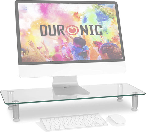 Duronic Monitor Stand Riser holding a computer desktop with adjustable silver legs.