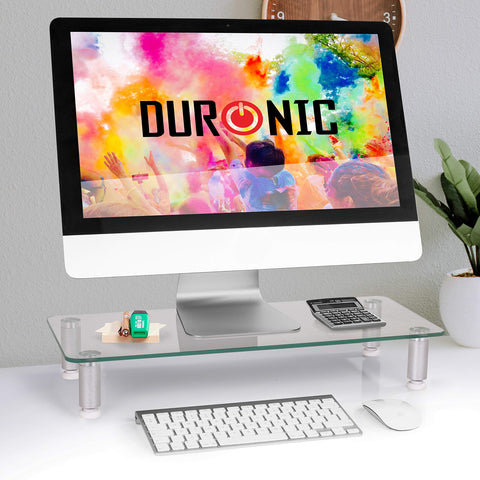 Duronic Monitor Stand Riser holding a desktop computer on a white desk with office supplies.