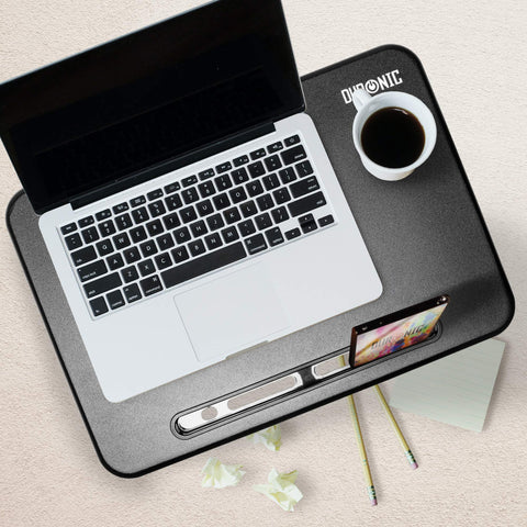 Duronic Monitor Stand Riser holding a silver laptop, white coffee mug, and smartphone.