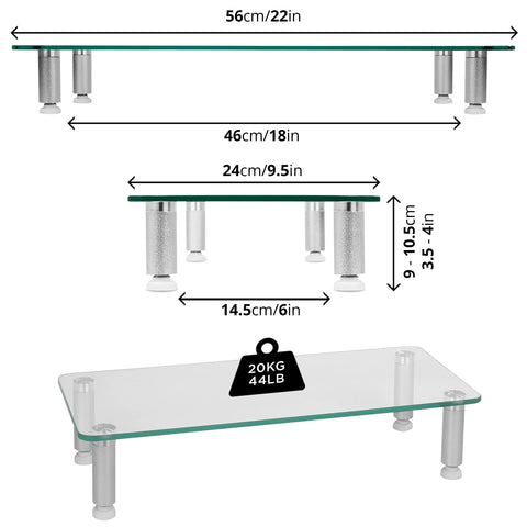 Duronic Monitor Stand Riser showing dimensions and a 20kg weight capacity