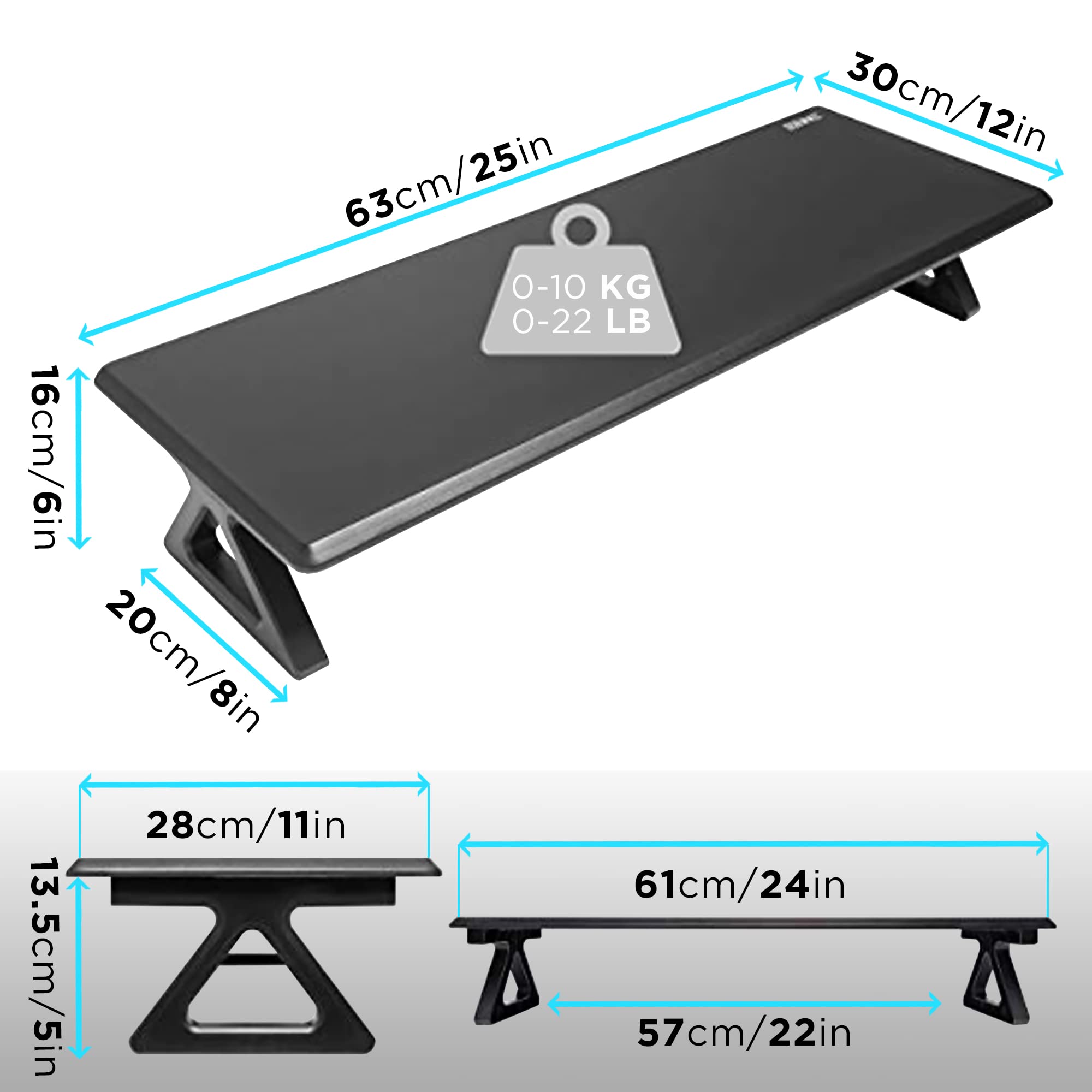 Duronic Monitor Stand Riser showing dimensions in centimeters and inches with 10 kg capacity.