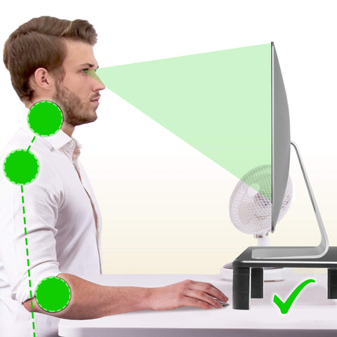 Duronic Monitor Stand Riser with a Man sitting with good posture at a desk using a monitor stand and mouse.
