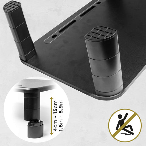 Duronic Monitor Stand Riser with a non-slip legs showing height range from 4cm to 15cm.