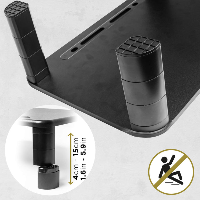 Duronic Monitor Stand Riser with a non-slip legs showing height range from 4cm to 15cm.