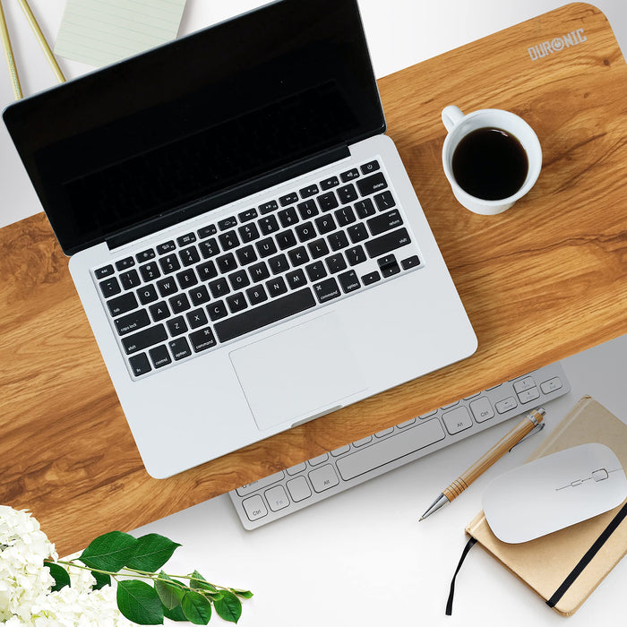Duronic Monitor Stand Riser with a silver MacBook, coffee cup, and ergonomic office desk accessories.